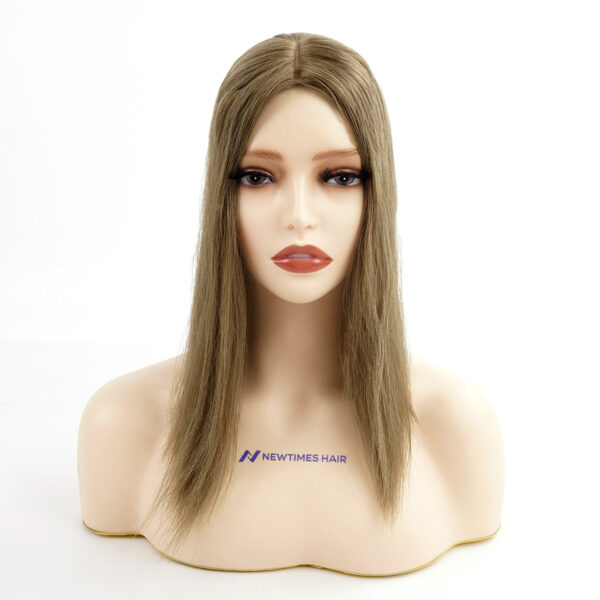 A female manequin wearing a jet black PST914 full cuticle remy hair topper (3)