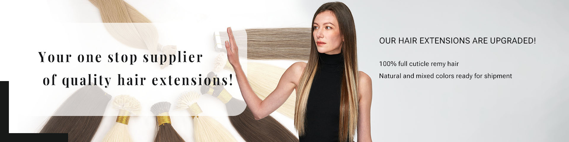 A woman with long, silky hair gesturing towards some human hair extensions in different colors.