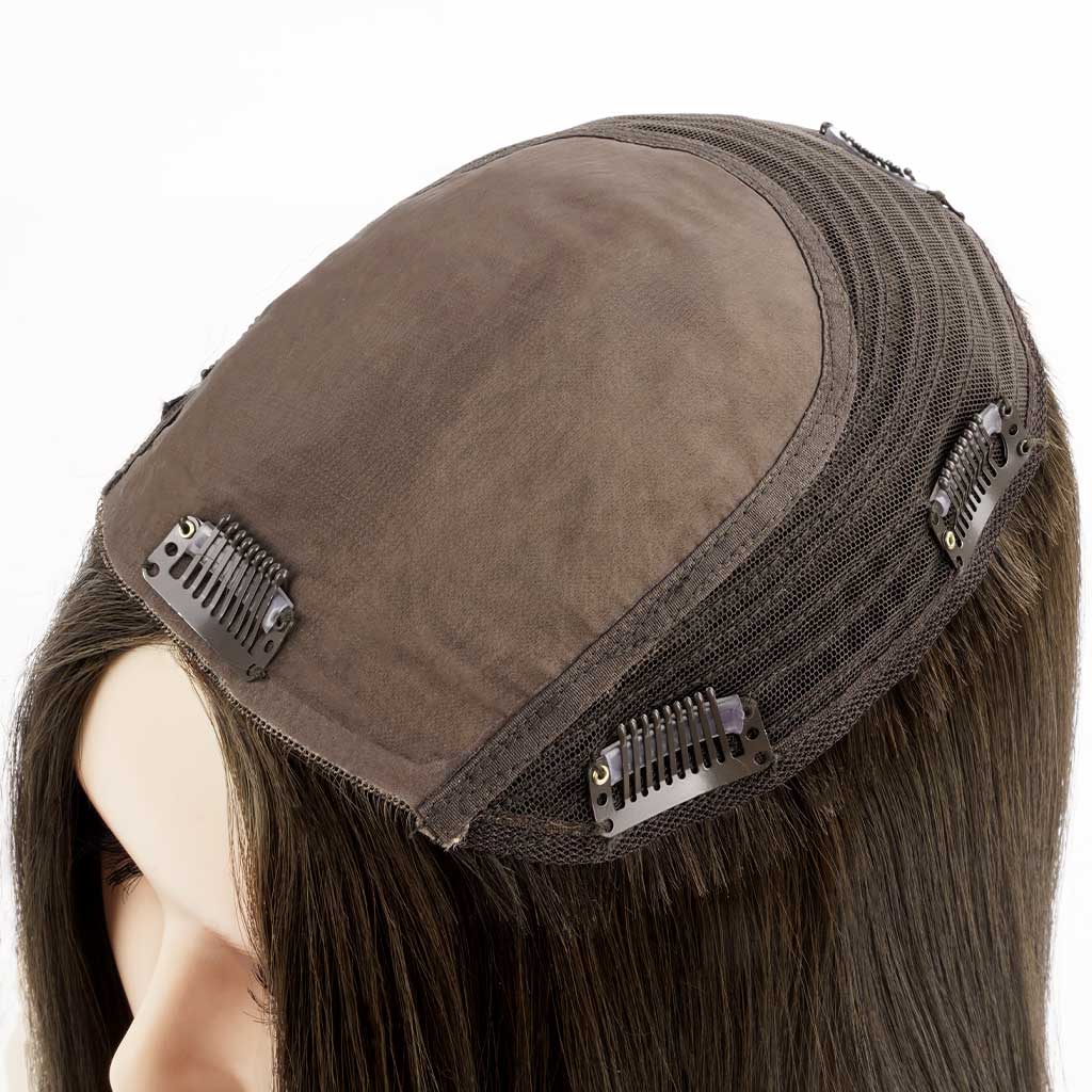 IN18×19 Adjustable Remy Hair Topper with 120% Hair Density diaplaying clips